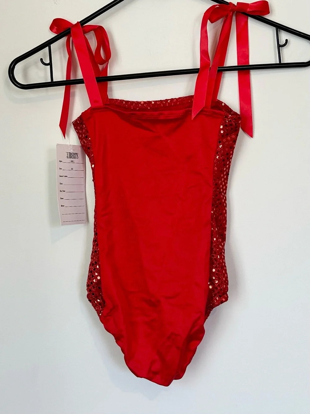 NWT Liberts Kids Red Sequin Dance Leotard with Ribbon Tie Shoulder Straps